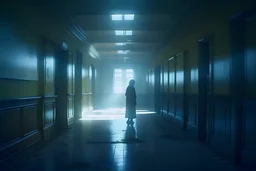 A ghostly figure appears in the dimly lit hallway of an abandoned hospital, by Christopher Gans, Roger Avary, cinematic lighting, cinematography by Dan lausten, insanely detailed, hazy, zbrush, octane render, 4k