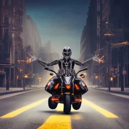 Fire skeleton Rider wearing a black leather on black motorcycle in the middle of street rounded by high tower