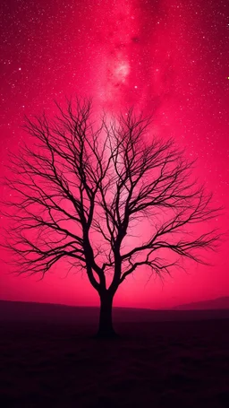 A rear view , of red tree with no leaves in a distance ,in romantic themes in the background is a vivid red sky stars and milky way galaxy and the blighting creates a dramatic and otherworldly atmosphere