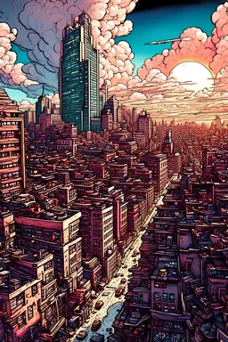 create a hyper detailed illustration of city in the comic art style of PETER CHAN, matte painting, colorful, dramatic sky and cloud, precisely drawn, boldly inked, with gritty textures, vibrant colors, dramatic otherworldly lighting