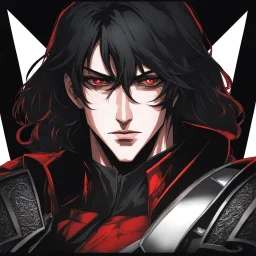 A headshot of a handsome, male medieval villain in his late 20's, scar on one cheek, he radiates raw dark power, wearing red and black leather fantasy armor, anime style, dark medieval background, intricately detailed