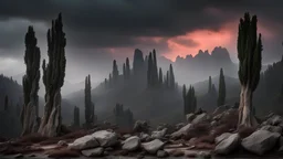 mountains, a gloomy rocky landscape, cypresses stretching up in the foreground, rocks and a bloody sky in the background