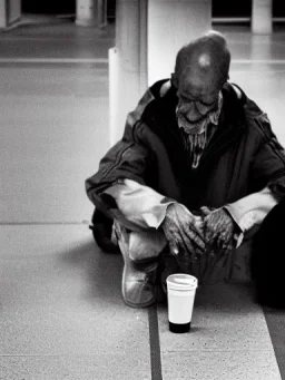 a protrait of a begger sitting inside a subway station in NYC. He is 80 years old, caucasion, thin with balding hair. In one hand he is holding a plastic cup and the other hand is stretched out to beg. Black and white photograph hyperrealistic photorealistic photography