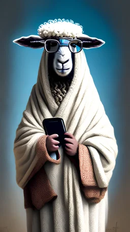 sheep wearing bisht and holding a phone And he wears glasses