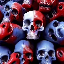 a picture of a dark, comedic, anatomically correct wall of red white and blue tightly packed stacked cyborg skulls of varying sizes and expressions, photo realistic, insanely meticulous, highly detailed, part of a collection of bones on display, 64k, dystopian, vray