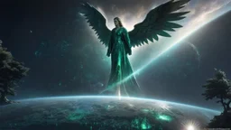 matrix universe, space, planets, god creation, angels from other dimensions with beautiful wings, trees on the planet, behind green crystals of light, few tiberium monolith deposits on the planet near tree,