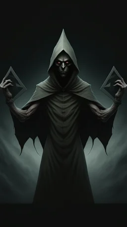 A demonic figure with a triangular body with long arms and creepy small eyes that is floating in a dark room
