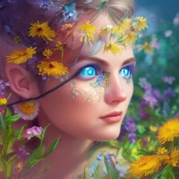  Beautiful and bright goddess of spring,delicate flowers,blue eyes, knees up portrait, fantastical, intricate detail, splash screen, complementary colors, fantasy concept art, 8k resolution, Unreal Engine 5"