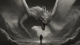 The described image presents an extremely horrifying scene with grayscale colors dominating the picture, creating a dark and eerie atmosphere. In this context, there is a massive, monstrous creature positioned prominently in the foreground of the image. This monster appears to be mythical and intensely frightening, characterized by its terrifying features and its colossal, imposing body that exudes immense power. When one looks at this monster, its face and eyes exhibit horrifying details, seem
