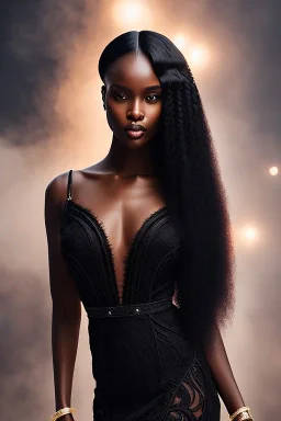 A portrait of a beautiful curvaceous black woman with long straight curly black hair, wearing a black lace dress with a deep v neck, sorceress, magical, ethereal, intricate, sharp lighting, misty. Painting, high quality, Ultra quality 8k.