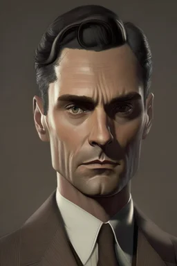 human, mid-fifties, smart brown suit, short salt-and-pepper hair, clean-shaven, very dark eyes and stern gaze
