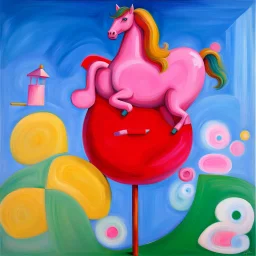 Big pink plastic toy horse.19th painting