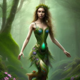 upper body of yohan diniz, fast walker, as a young cute feminine woman, short hair, green forest background, stream, mega flowers, tiny birds of many colors,peacock