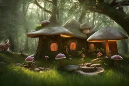 enchanted forest, fairy house, mushroom, rabbits, squirrels