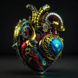 MULTICOLORED COMPLIMENTARY MECHANICAL HUMAN HEART, METALLIC, CLOCKWERK, STEAMPUNK, ANATOMICALLY CORRECT, RETROFUTURISTIC, CINEMATIC