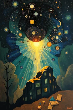 the light that's falling back into itself; Post-Modern Celestial Art with surreal elements; Gustav Klimt inspired painting.