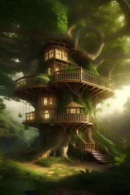 Une maison dans un arbre géant, dans une forêt magique. La maison est écologique et élégante, avec des fenêtres, des balcons et des énergies renouvelables. L'image doit montrer la beauté du lieu et la symbiose entre l'homme et la nature.
