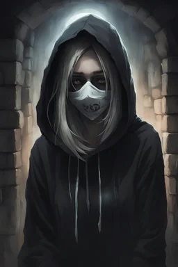 A white-skinned human girl wearing a black hoodie, a brooch and a black mask covering her face, and nothing of her facial features is visible. She looks down. She is in a worn-out stone basement with moonlight entering it. It looks terrifying and is filled with ghosts and spirits.