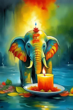 Thai, Cassia fistula, colorful, candle, water, elephant ,water painting