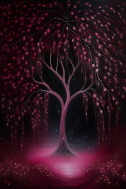 Acrylic painting of a paster pink weeping willow in the middle, soft glowing leaves, cosmic background with a myriad of stars