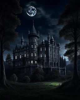 Moon, black night, shadowy old castle, dark forest in the background,HDR,UHD,8K, best quality, masterpiece, Highly detailed, ultra-fine painting