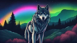 humanoid looking wolf, turning to face you, dark forest background, glowing eyes. staring, starry night sky, dark rainbow gradient sky, standing at the top of a mountain, howling to the moon, aurora borealis