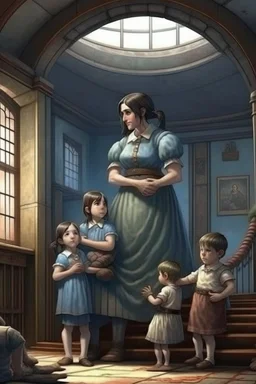a giant woman protect 3 children, realistic style, interior of asylum