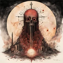 blindness of the common man, product of the holy land, We don't need live your lies, double exposure horror vision, by Norman Lewis and Santiago Caruso and Philip Guston, color ink watercolor illustration, religious symbols, creepy, warm colors, mephitic night, by Jim Dine, weirdcore, Eldritch