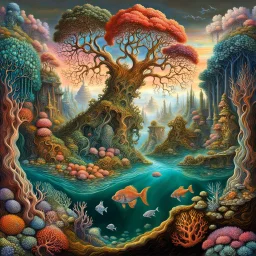 Imaginary landscape trees. . And he sells. Meh. lake.Underwater ornamental coral perfect anatomy, fantasy, vibrant digital art professional award winning masterpiece, oil on canvas Atmospheric extremely detailed Josephine Wall