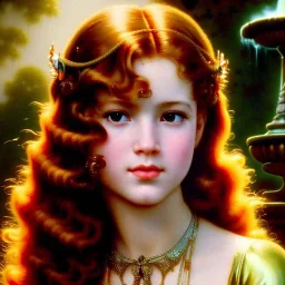 Hyperdetailed oil on canvas, young robyn lively by an ornate fountain, goldfish pond, lotus, detailed face, long muti-hued red curly hair; by gaspar camps, maxfield parrish, alphonse mucha, cyril rolando, dan mumford; luminous colorful sparkles, glitter, airbrush, octane render, volumetric lighting, 16k