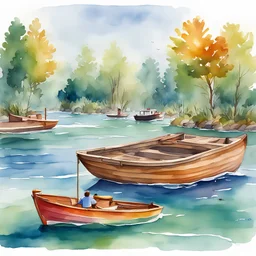 A whimsical scene of a small fallen tree trunk floating in the water, a large colourful boat is approaching carefully navigating around it to avoid a collision. watercolour style