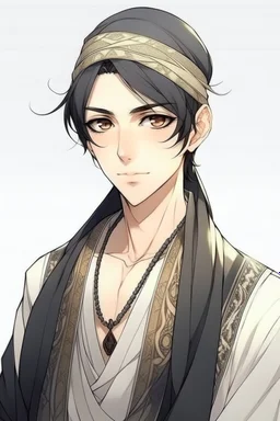 "Draw an anime character, a man with a black hair wearing traditional Arab clothing. He is cool and handsome attractive and not colores