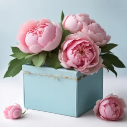 A delicate light blue box with beautiful pink peonies all on a light background to remove