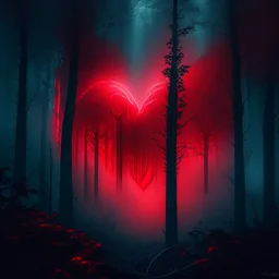 red fog in the forest at night with an electric heart