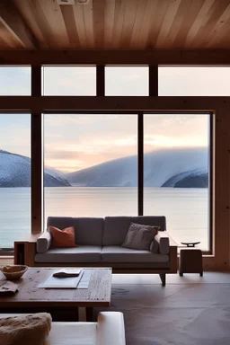 Intérieur Maison montagne design bois et béton. Grand canapé couleur écru devant baie en verre avec vue sur montagnes avec neige. Lumière soleil couchant