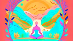 Create a serene flat design illustration for a yoga and well-being website banner. Use a soothing color palette and depict a tranquil yoga scene with a yogi in a meditative pose surrounded by nature.