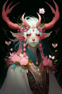 Pink hair spring cherry blossom Eladrin Male antlers blossom beard druid of the stars vibrant radiant falling petal moth