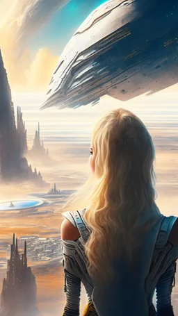 blond woman looking down on an sci-fi landscape with spaceship, detailed matte painting, fantastical