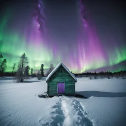 analog film minimal liminal icy a frame dimly lit cabin front elevation squared off and centered with icy trees behind and brilliant purple green aurora borealis - foreground is simple snowy field