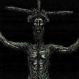 crucified on the cross christ liberty hybrid tone, woodcut, engraved, wall street journal style, statue of cruicified Jesus of Liberty with a beard and wearing a cross and hanging from a cross, The statue male, hyperdetailed intricately detailed photoillustration ink drawing dystopian 8k resolution entire body of the statue is in the picture. digital illustration telephoto lens photography , same colors as the us treasury's one dollar bill, crucified"