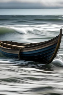 a row boat against the tied of the ocean