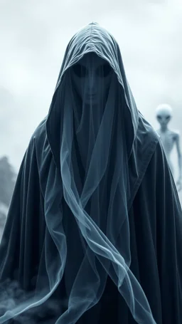 In a mesmerizing and ethereal manner, an otherworldly being emerges in the form of a translucent grey hood ghost. flowing smoky black robes. Forward facing, a blurred alien in the background