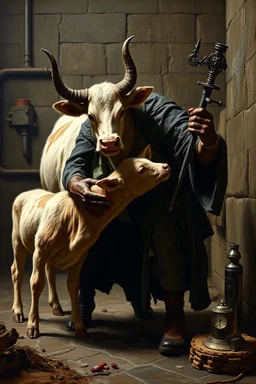 Satan kidnapping young holy calf while medicating holy old cow, inside science factory, painted by Rembrandt