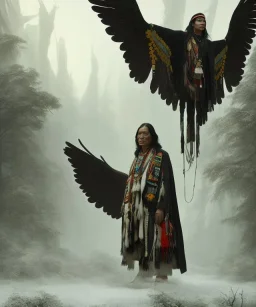 native american shaman, wise man, long black hair, black hooded coat like wings, 8k resolution concept art portrait by Greg Rutkowski