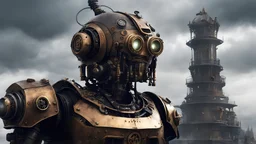 mandatory, cgmech, a ((Medium Close Up of humanoid robot)), ((look away from the camera)), Steampunk City Pilaster,Overcast Sky as background, atmosphere of horror and nightmare