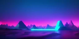 3d rendering. Abstract futuristic neon background. Fantastic landscape with glowing geometric triangular frame and mountains