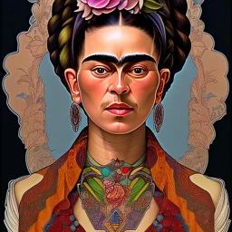 A beautiful portrait of Frida Kahlo by alphonse mucha, tribal tatoos, 4k, high details