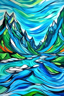 paisaje de montañas, en medio del agua estilo Picasso