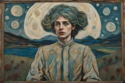 Billy Childish oil painting tufting tapestry, Otherworldly, young beautiful HD face Princess of the Moon avant-garde organza StarWars fashion, Austrian Symbolism, arcane atmosphere, countryside, by sergei Parajanov movie-style raw dream dimension