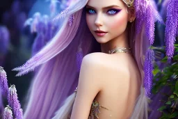 Fantasy cute elf with transparent wings, smiling, make up, long blond platinum hair, blue eyes, crown, beautiful dress, wisteria flowers and mushrooms in background, HQ, high key lighting, volumetric light high details